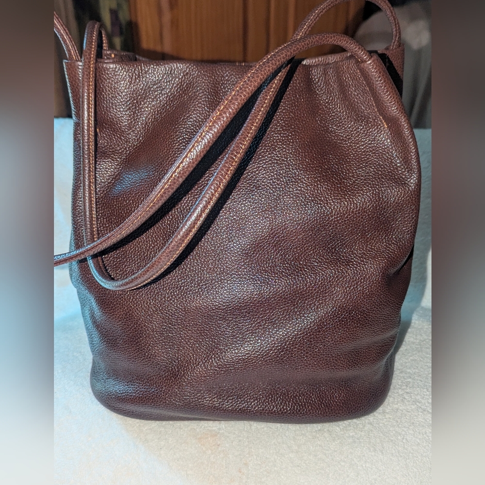 Iswee Brown Leather Shoulder Bag with Pebbled Texture
